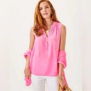 NWT Lilly Pulitzer Sleeveless Elsa 100% Silk Top XXL Rousseau Pink Tank Button